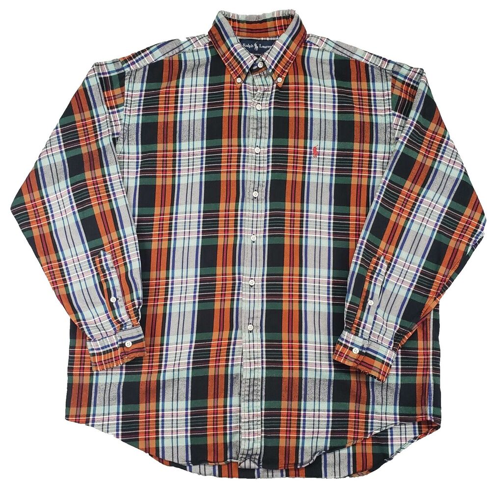 Ralph Lauren Flannel Shirt‎ Mens XL Forest Green Hunter Orange Plaid Pony